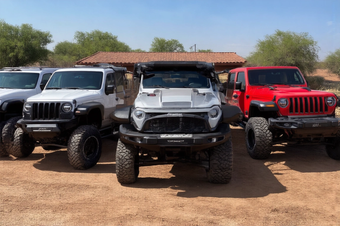 Lineup of lifted 4x4 trucks at an RGV off-road accessories shop